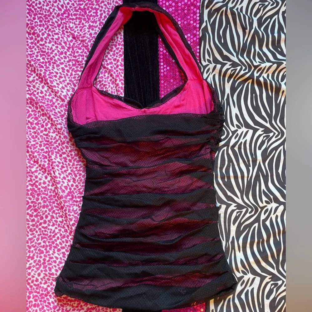 Bebe Pink and Black mesh halter top - Picture 3 of 3
